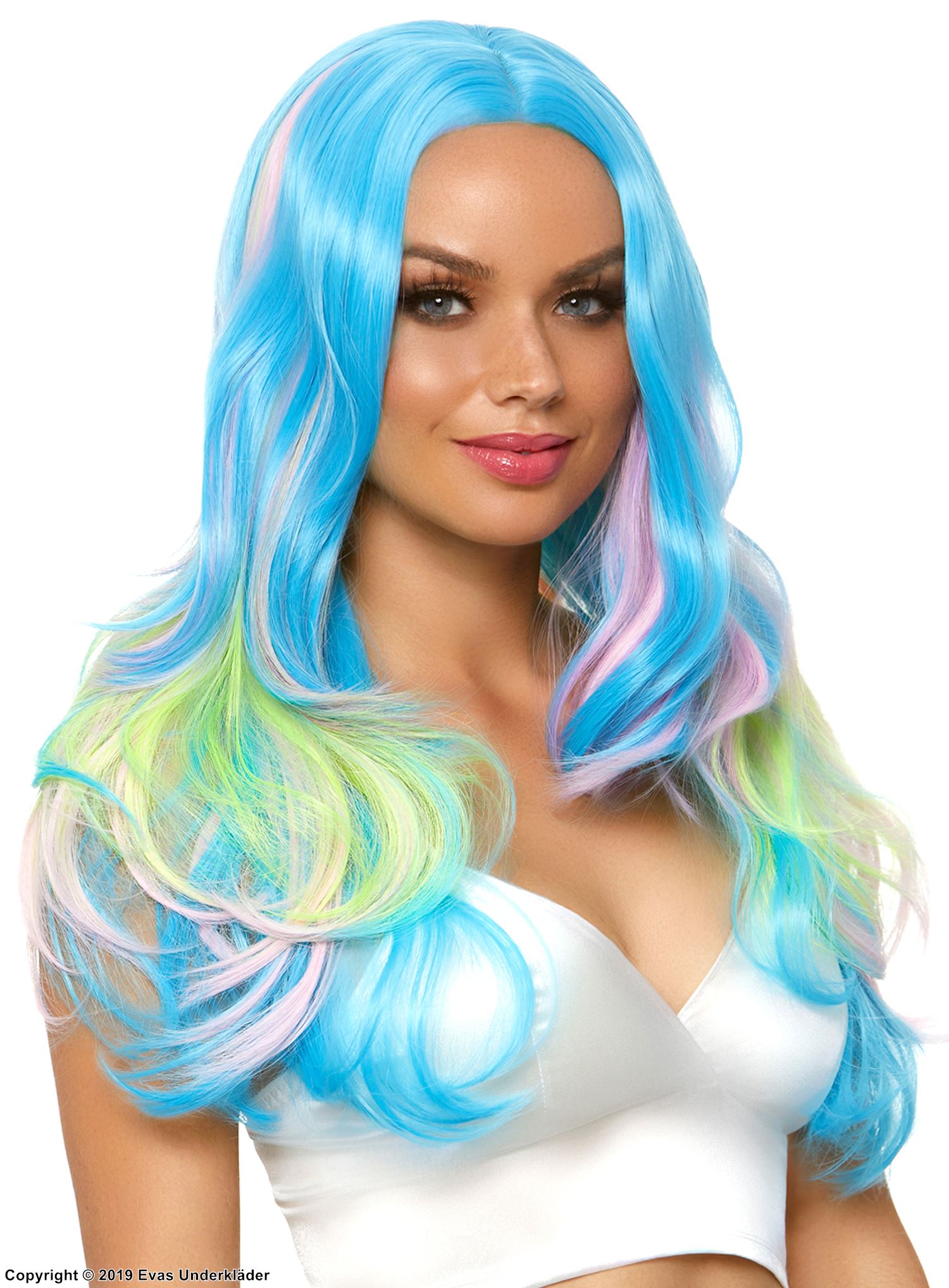 Long wig, waves, center part, multi-color